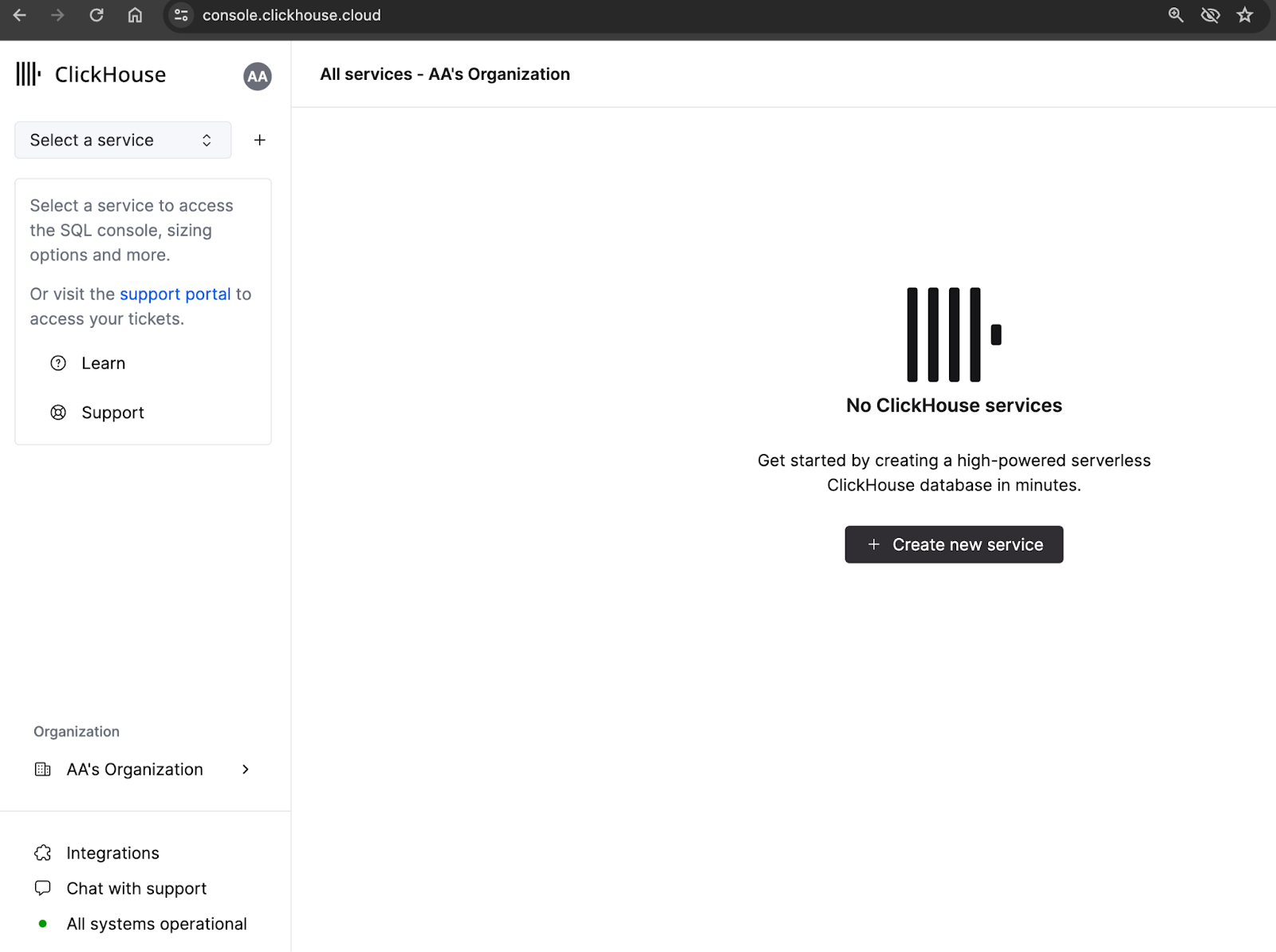 ClickHouse Cloud new services page - Zoomed