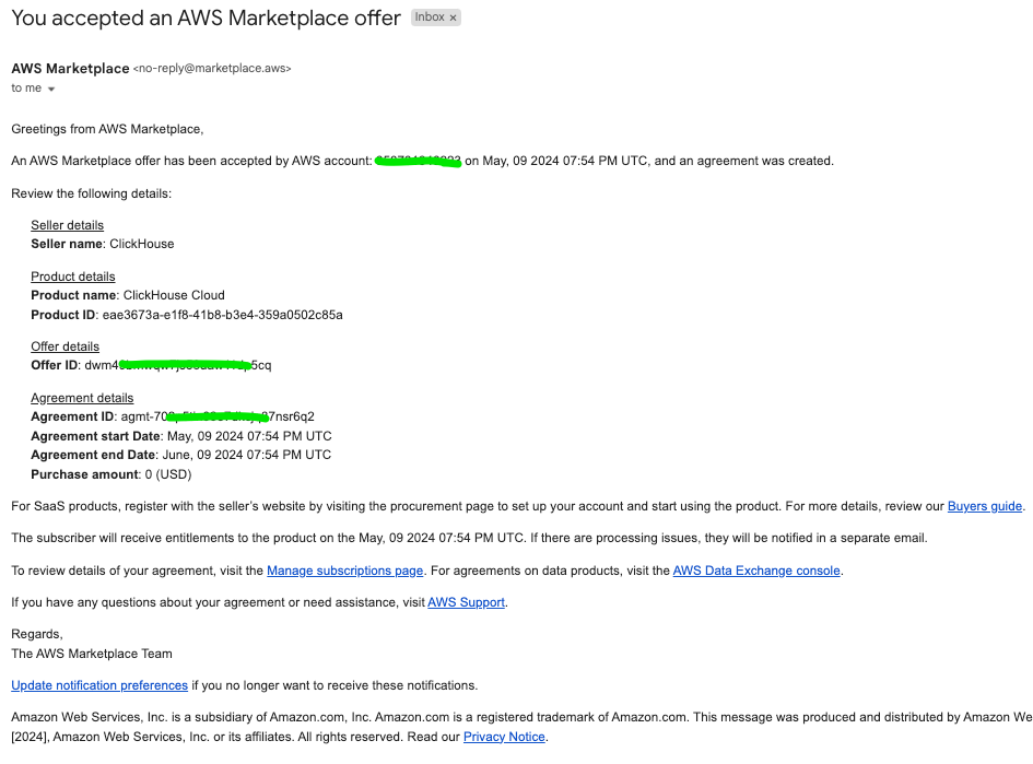AWS Marketplace confirmation email - Zoomed