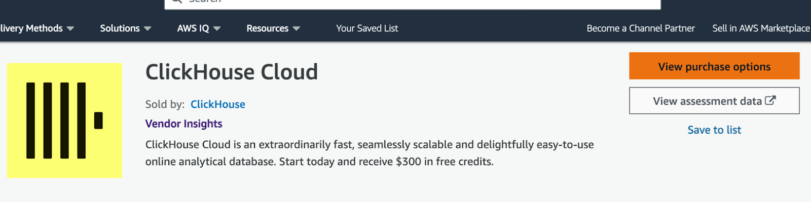 AWS Marketplace search for ClickHouse - Zoomed