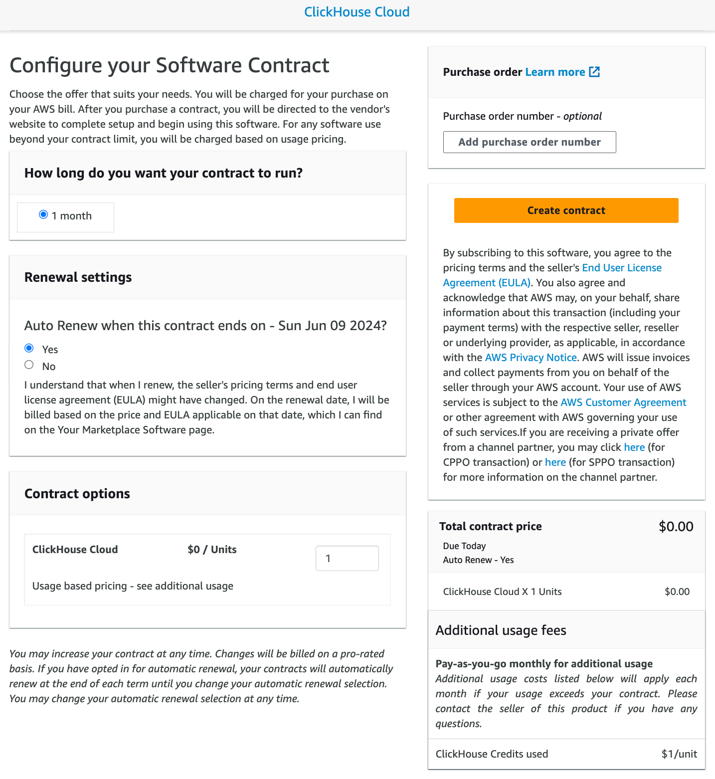 AWS Marketplace configure contract - Zoomed