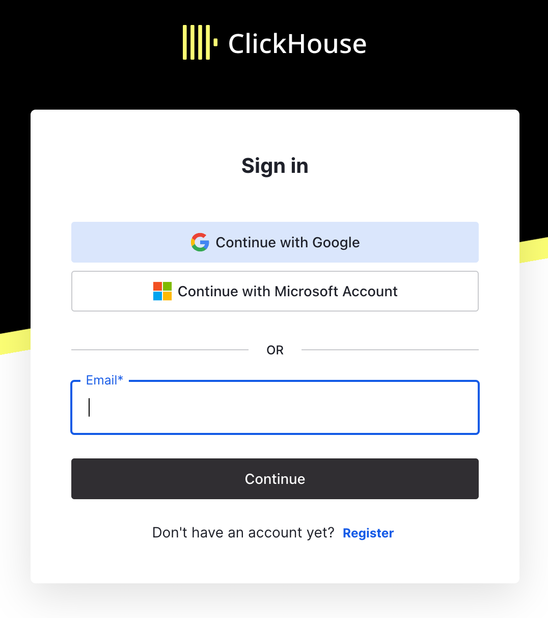 ClickHouse Cloud sign in page - Zoomed