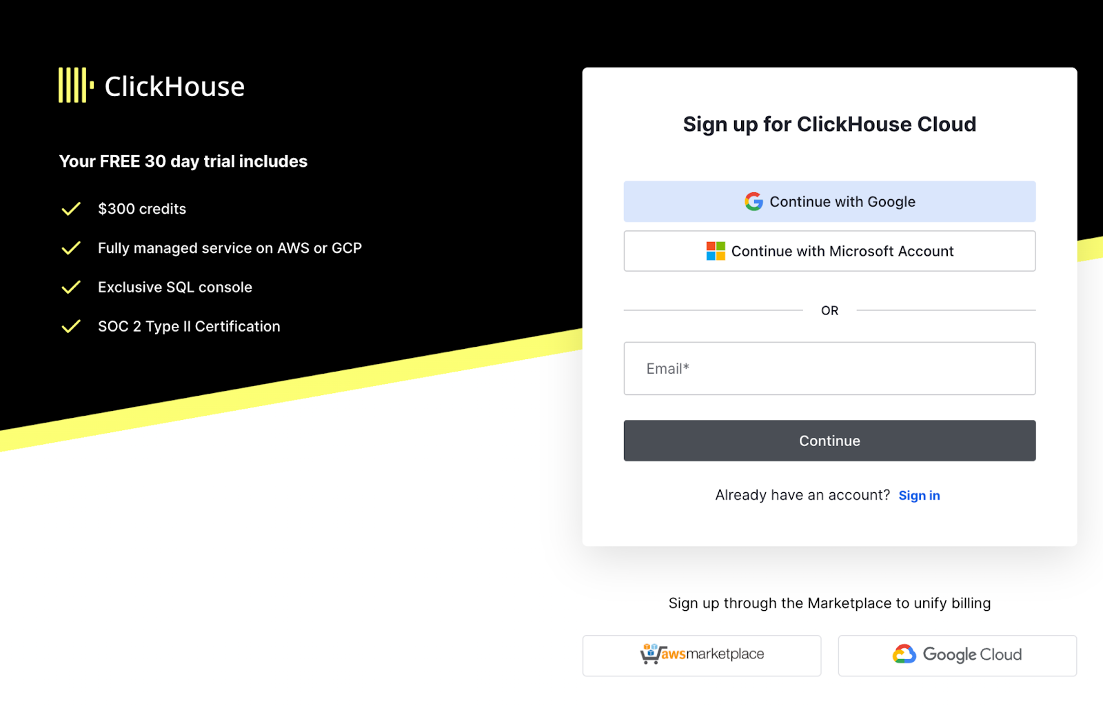 ClickHouse Cloud sign up page - Zoomed