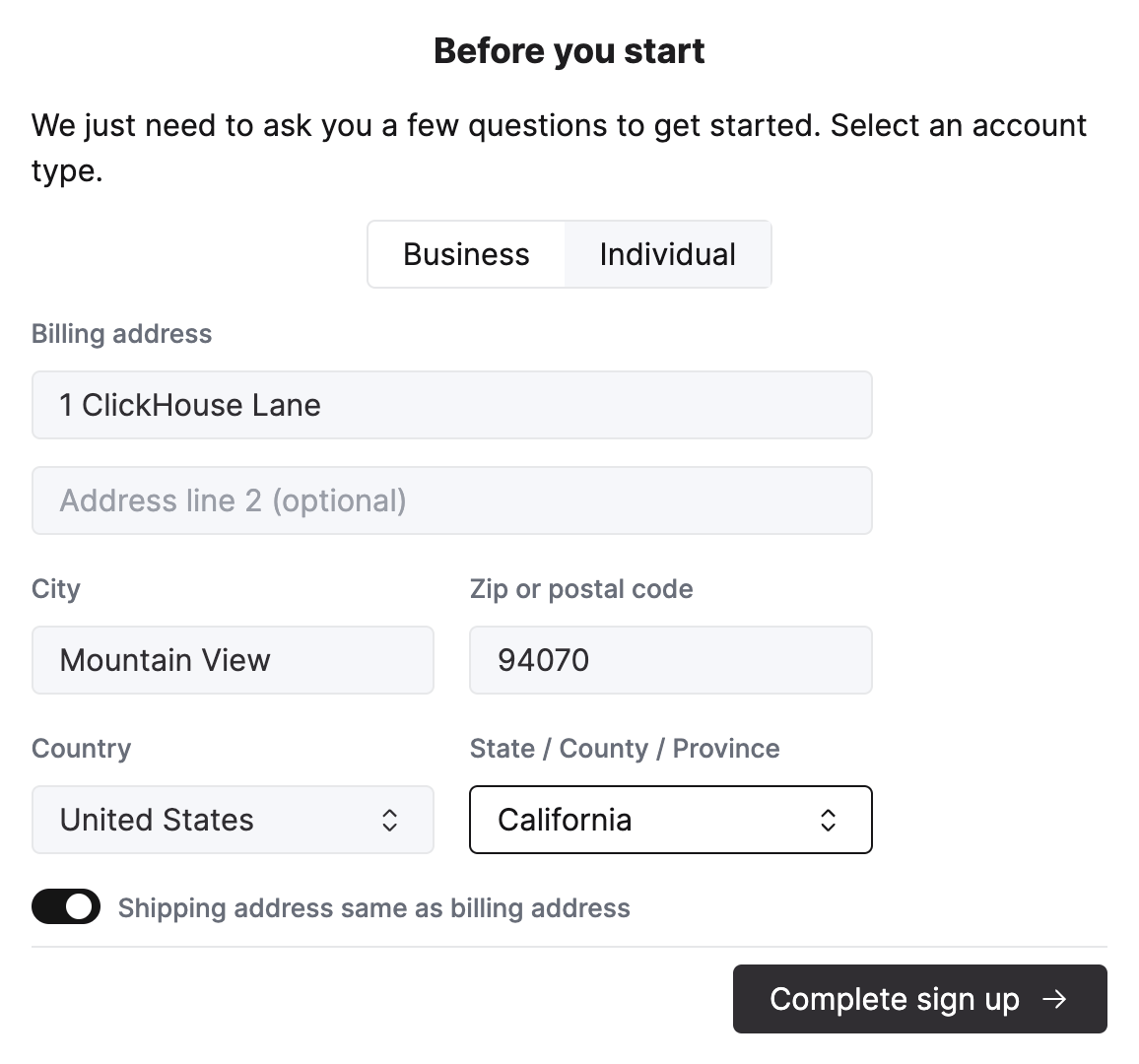 ClickHouse Cloud sign up info form - Zoomed