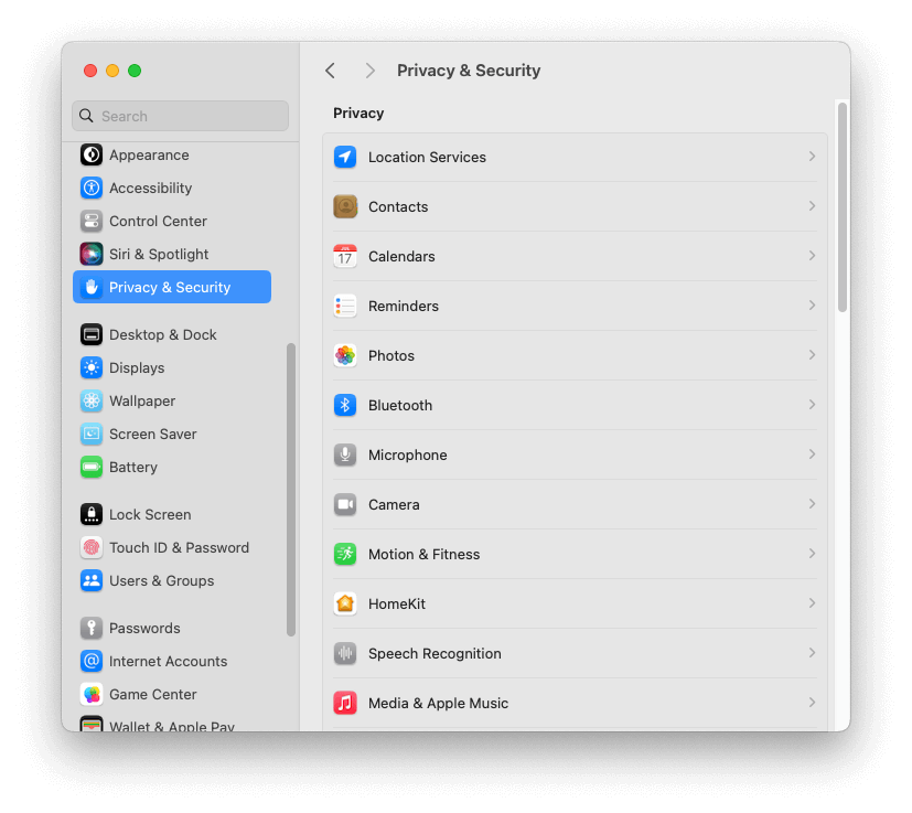 MacOS Privacy & Security settings default view - Zoomed