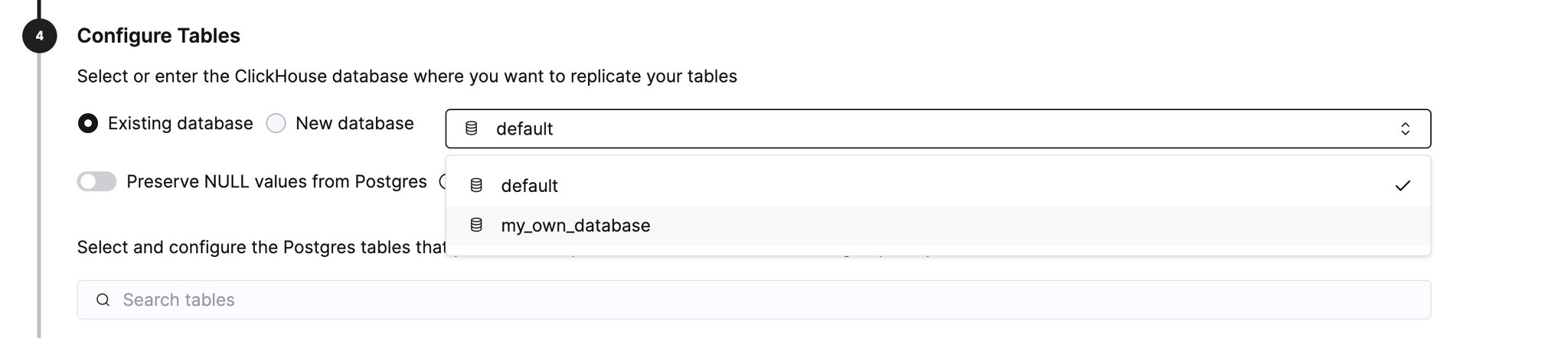 Select destination database - Zoomed